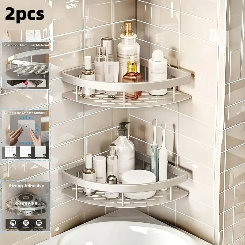 No Drill Aluminum Bathroom Shelf Corner Shower Storage Organizer 9