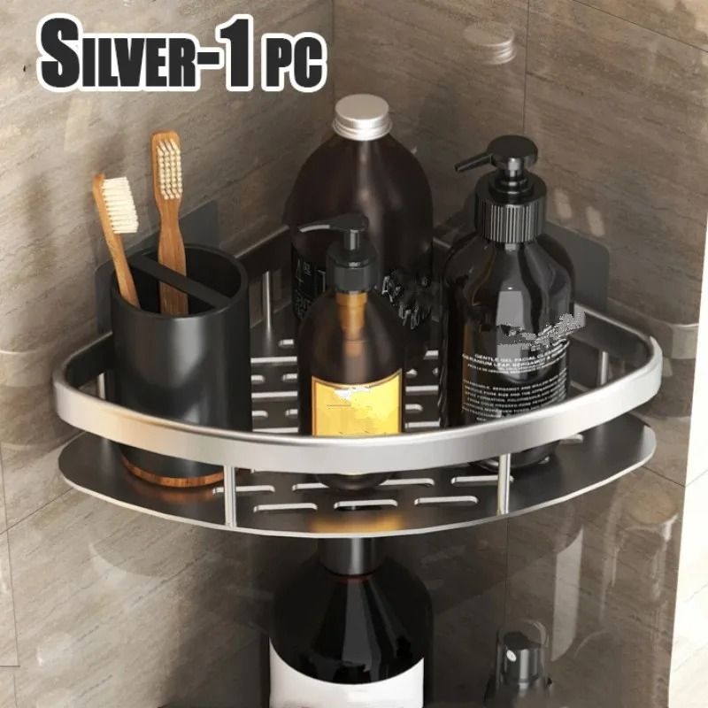 No Drill Aluminum Bathroom Shelf Corner Shower Storage Organizer 1