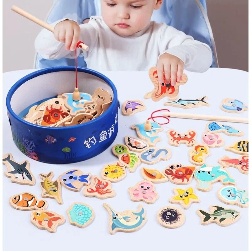 Montessori Wooden Fishing Toy Marine Life Educational Game For Kids 0
