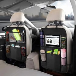 car backseat organizer with touch screen tablet holder and storage pockets