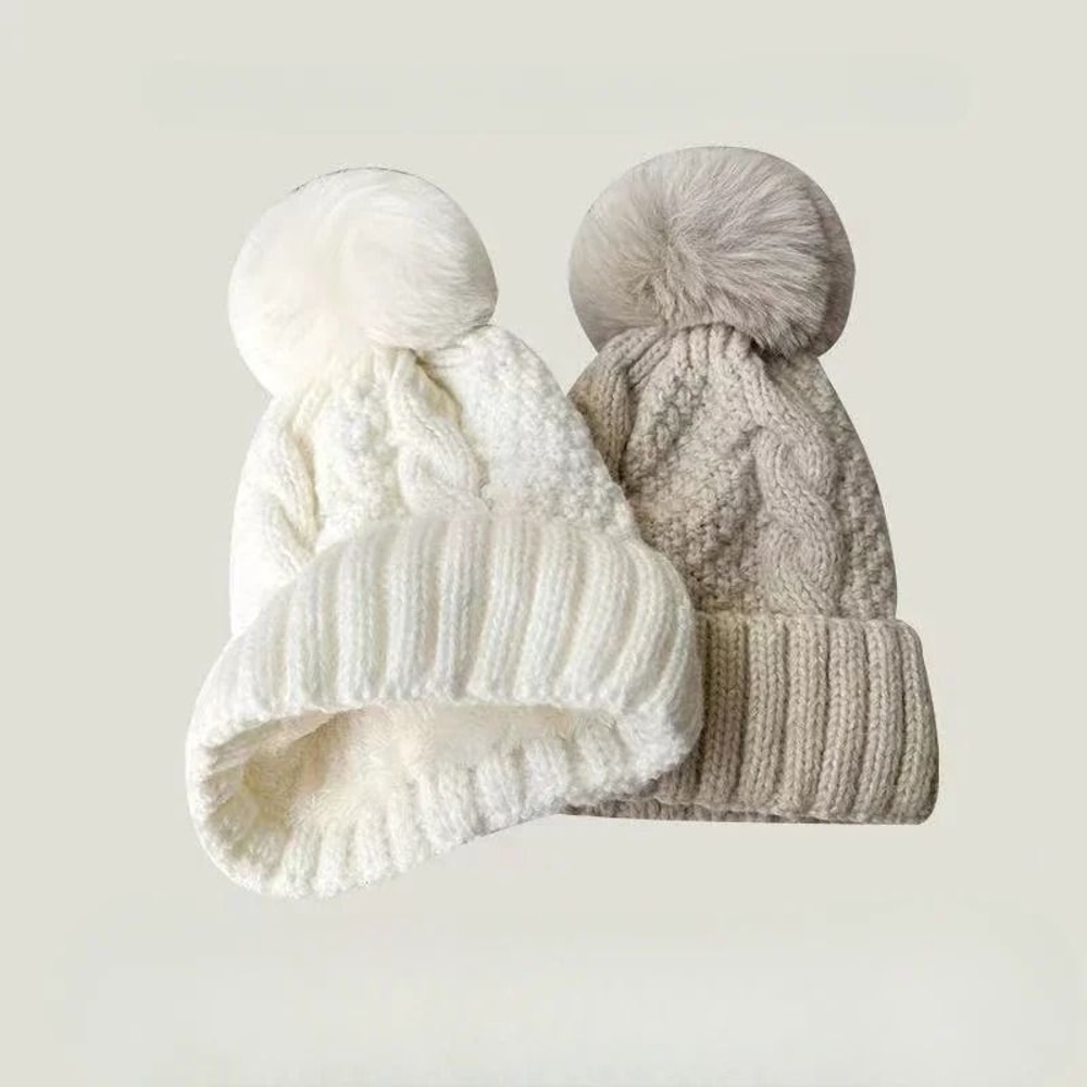 Winter Knit Beanie Hat With Fur Pompom Warm Velvet Lined Cap 8