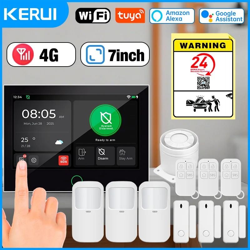 KERUI 4G WiFi Home Alarm System Tuya Smart Wireless Security Kit With 7 Inch Touch Screen 7