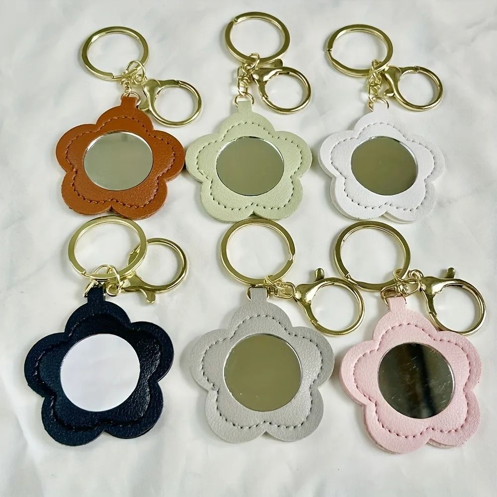 Floral Faux Leather Keychain Mirror Cute Portable Makeup Mirror Keychain Set For Women 2
