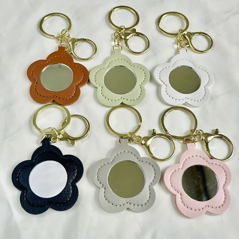 Floral Faux Leather Keychain Mirror Cute Portable Makeup Mirror Keychain Set For Women 2