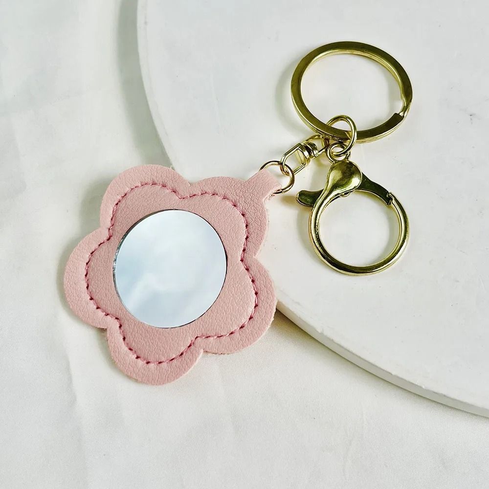 Floral Faux Leather Keychain Mirror Cute Portable Makeup Mirror Keychain Set For Women 4