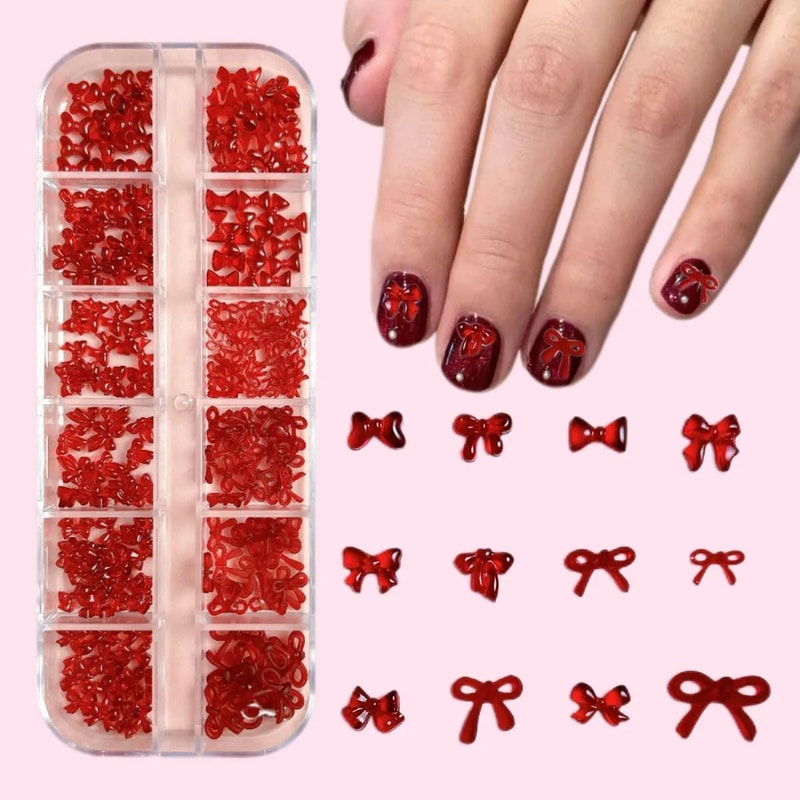 French Style Nail Art Accessories Mini Wine Red Bow DIY Nail Decorations 3