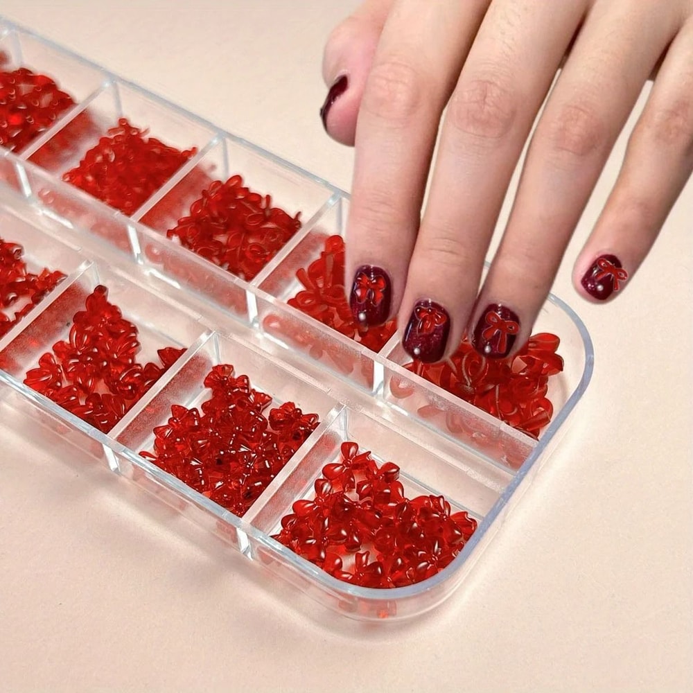 French Style Nail Art Accessories Mini Wine Red Bow DIY Nail Decorations 4