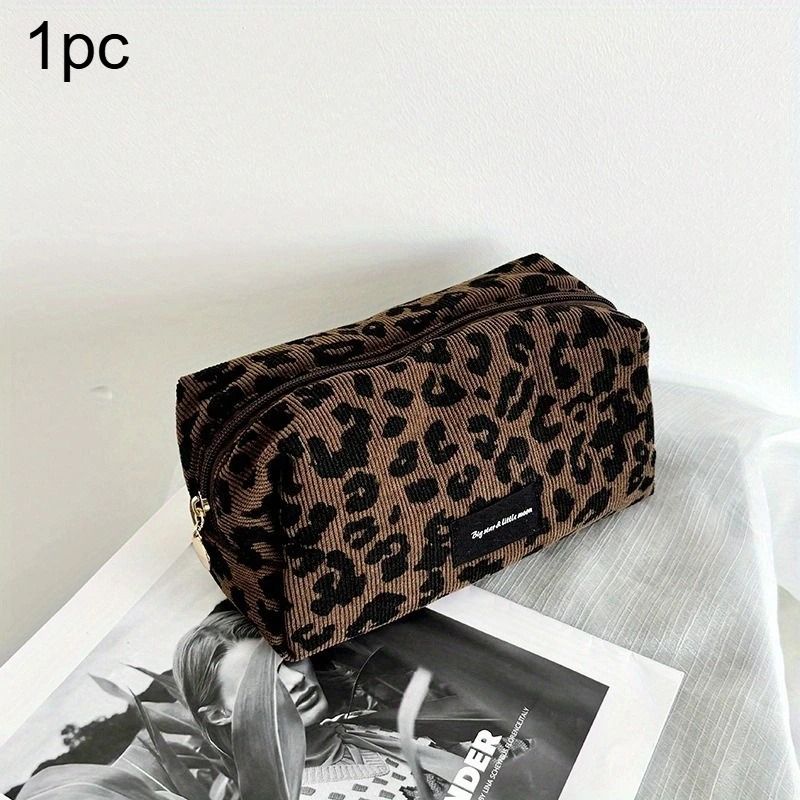 Large Leopard Print Cosmetic Bag Travel Makeup Organizer Box Shaped Zipper Case 3