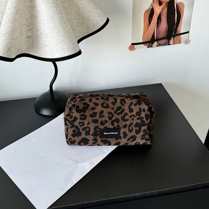 Large Leopard Print Cosmetic Bag Travel Makeup Organizer Box Shaped Zipper Case 4