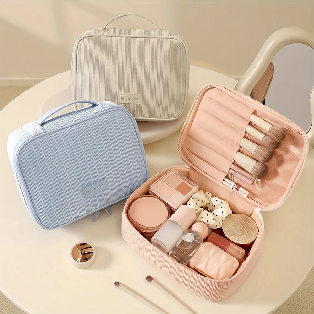Large Capacity Corduroy Makeup Bag Travel Cosmetic Organizer Square Zipper Pouch 6
