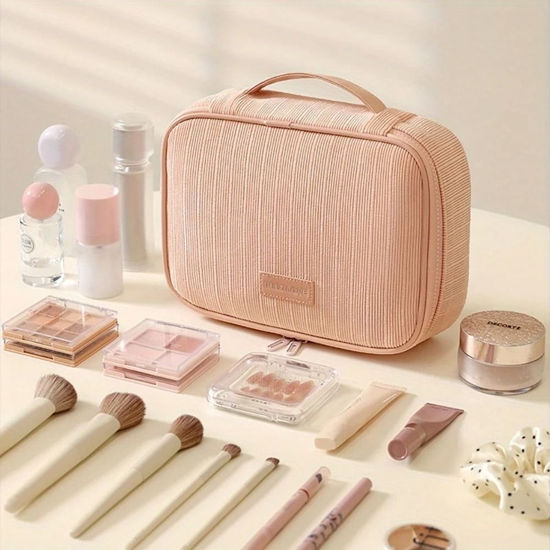 Large Capacity Corduroy Makeup Bag Travel Cosmetic Organizer Square Zipper Pouch 9