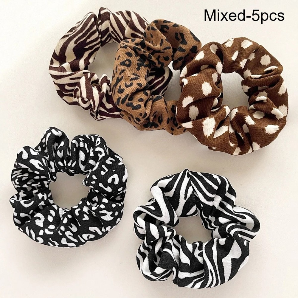 Retro Pattern Hair Scrunchies Set Leopard Cow Spot Polka Dot 5pcs 0