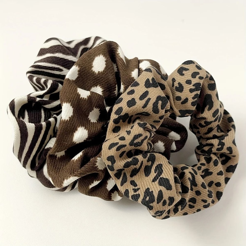 Retro Pattern Hair Scrunchies Set Leopard Cow Spot Polka Dot 5pcs 2