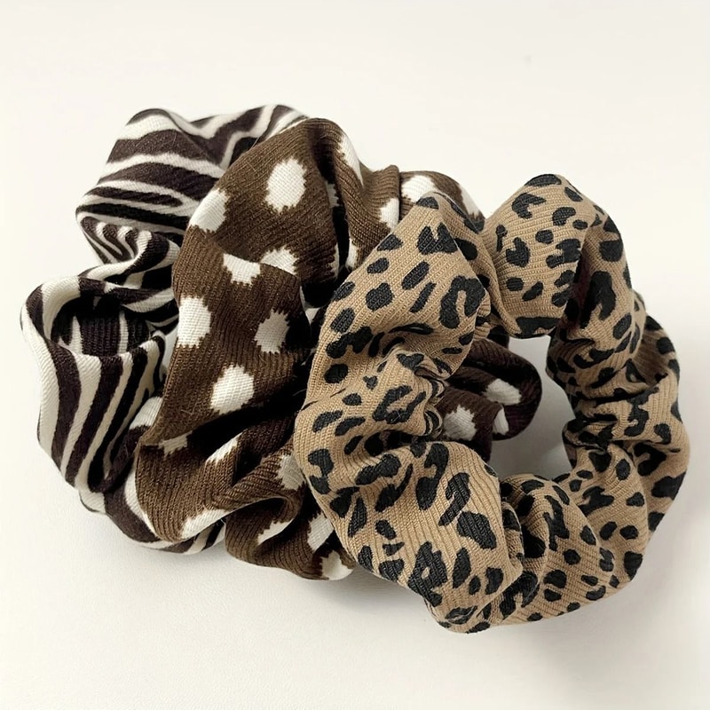 Retro Pattern Hair Scrunchies Set Leopard Cow Spot Polka Dot 5pcs 2