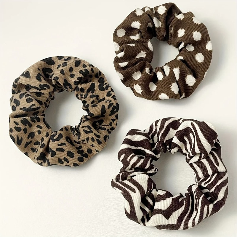 Retro Pattern Hair Scrunchies Set Leopard Cow Spot Polka Dot 5pcs 3