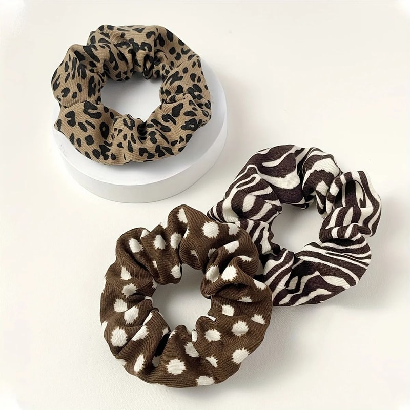 Retro Pattern Hair Scrunchies Set Leopard Cow Spot Polka Dot 5pcs 4