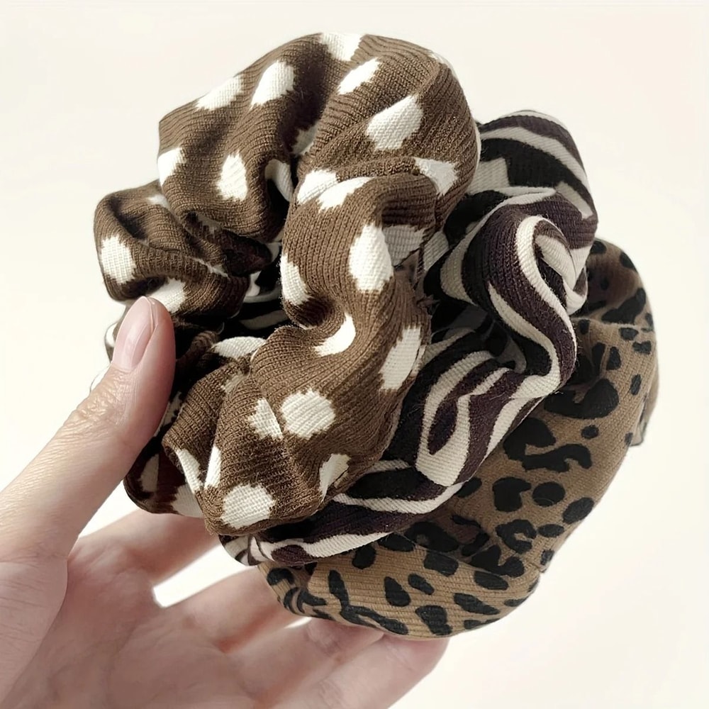 Retro Pattern Hair Scrunchies Set Leopard Cow Spot Polka Dot 5pcs 5