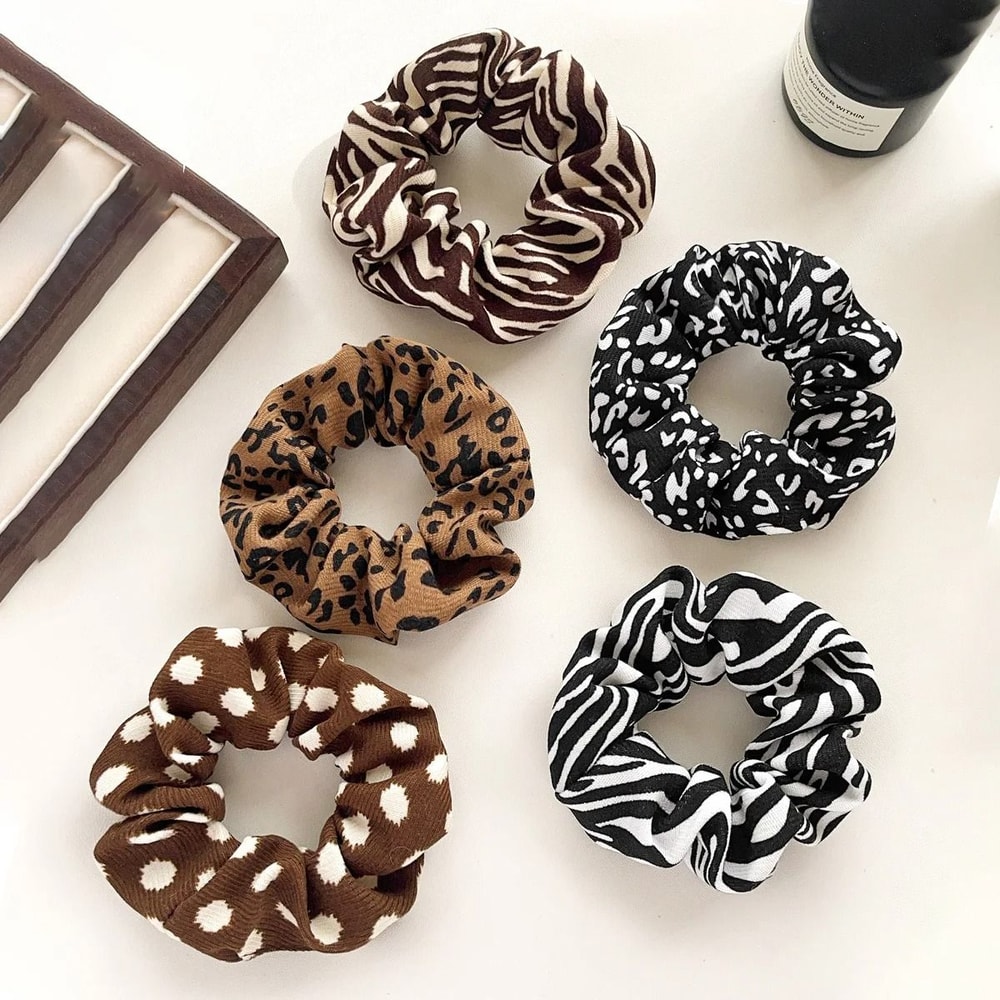 Retro Pattern Hair Scrunchies Set Leopard Cow Spot Polka Dot 5pcs 6