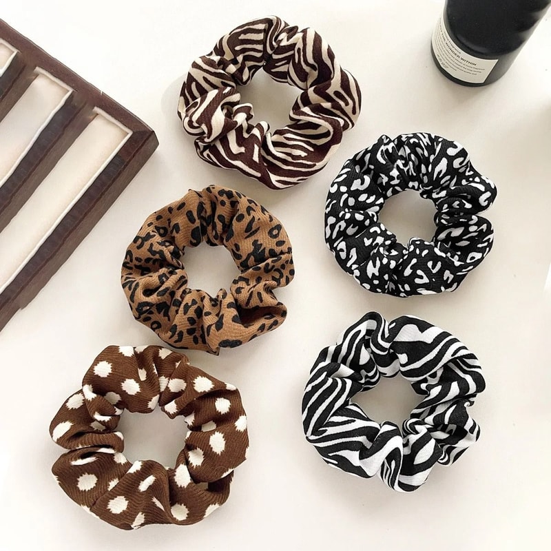 Retro Pattern Hair Scrunchies Set Leopard Cow Spot Polka Dot 5pcs 6