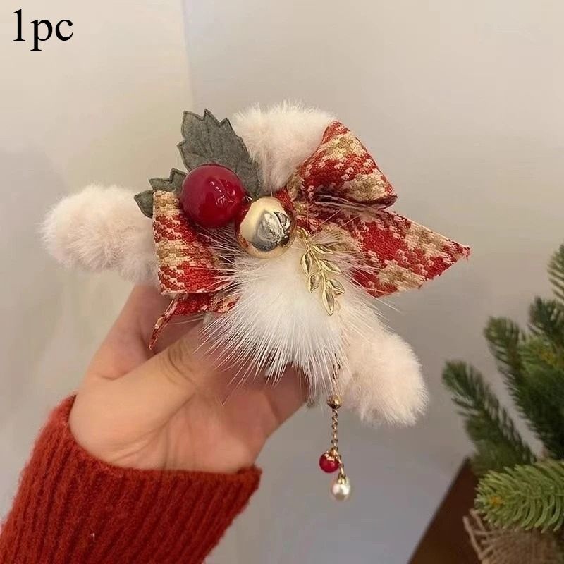 Christmas Plush Bow Hair Claw Clip Faux Fur Holiday Accessory 2