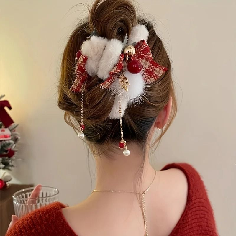 Christmas Plush Bow Hair Claw Clip Faux Fur Holiday Accessory 5