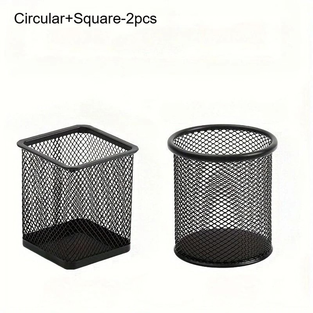 Black Mesh Desktop Pen Holder Set Wire Pencil Storage Cups 2