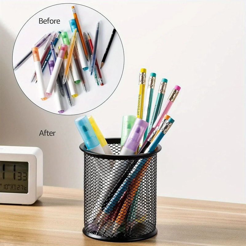 Black Mesh Desktop Pen Holder Set Wire Pencil Storage Cups 8