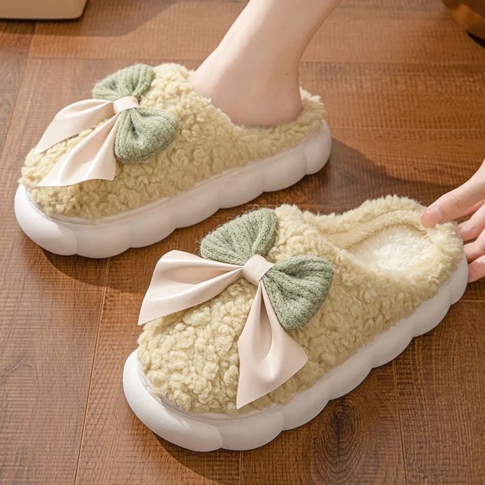 Winter Warm Fur Slippers For Women Soft Plush Bow Indoor House Shoes 3