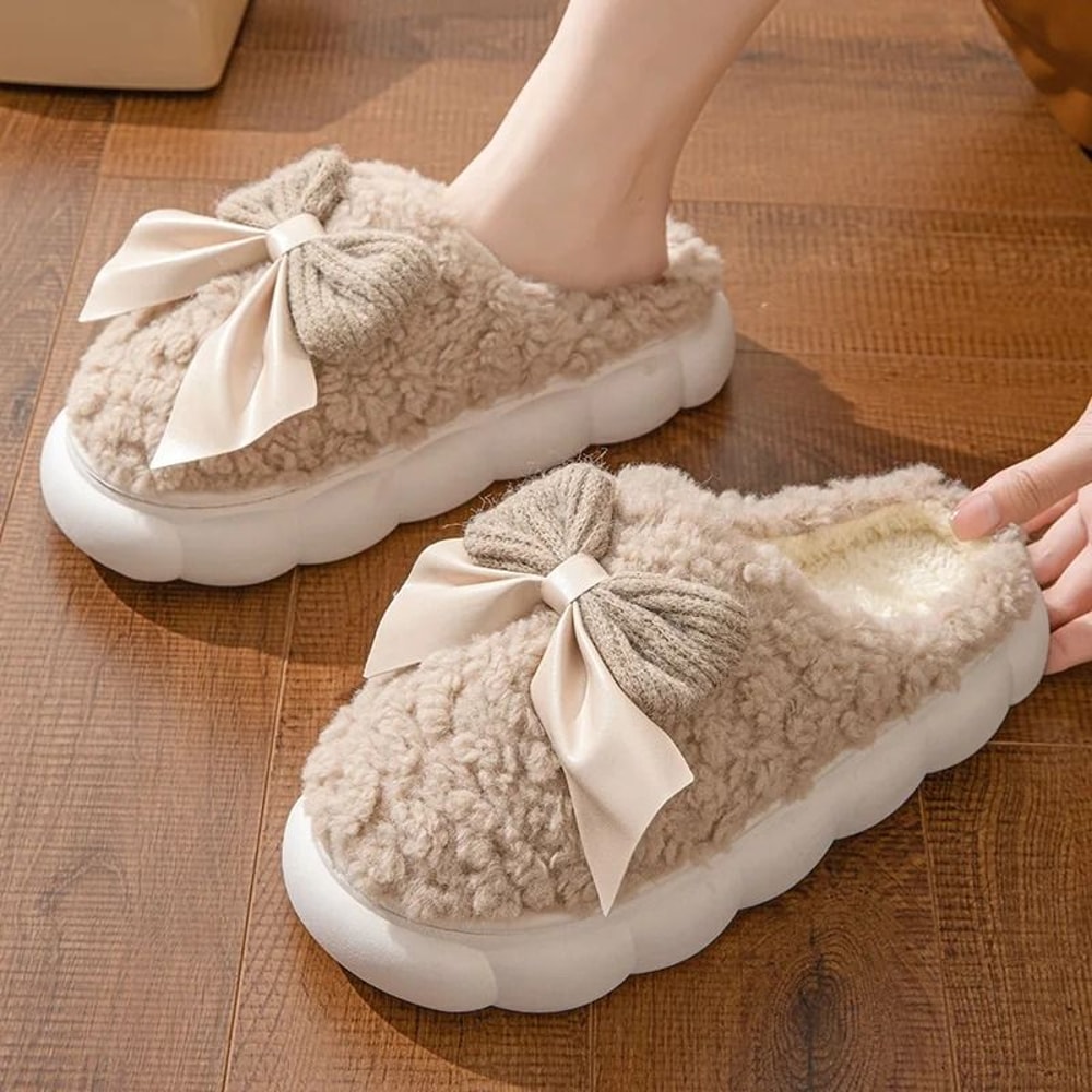 Winter Warm Fur Slippers For Women Soft Plush Bow Indoor House Shoes 4