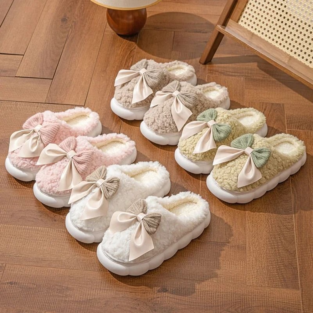 Winter Warm Fur Slippers For Women Soft Plush Bow Indoor House Shoes 6