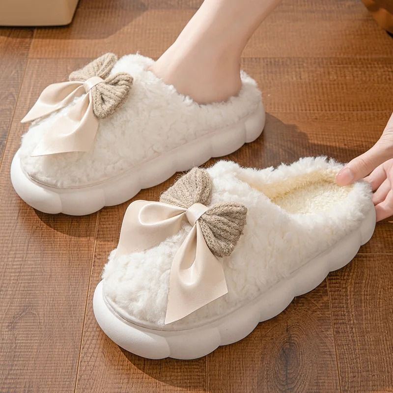 Winter Warm Fur Slippers For Women Soft Plush Bow Indoor House Shoes 1