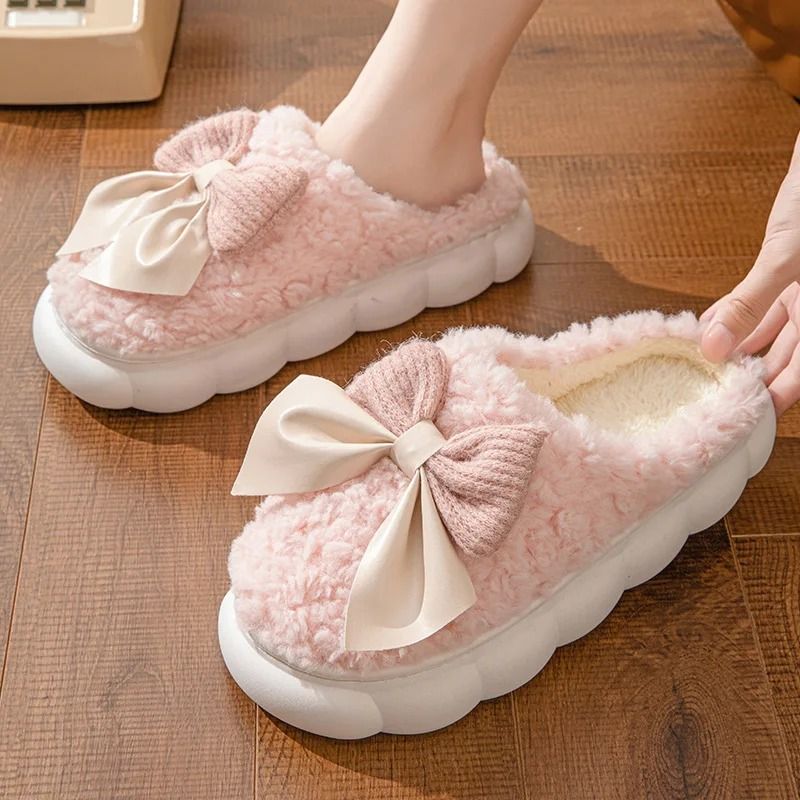 Winter Warm Fur Slippers For Women Soft Plush Bow Indoor House Shoes 2