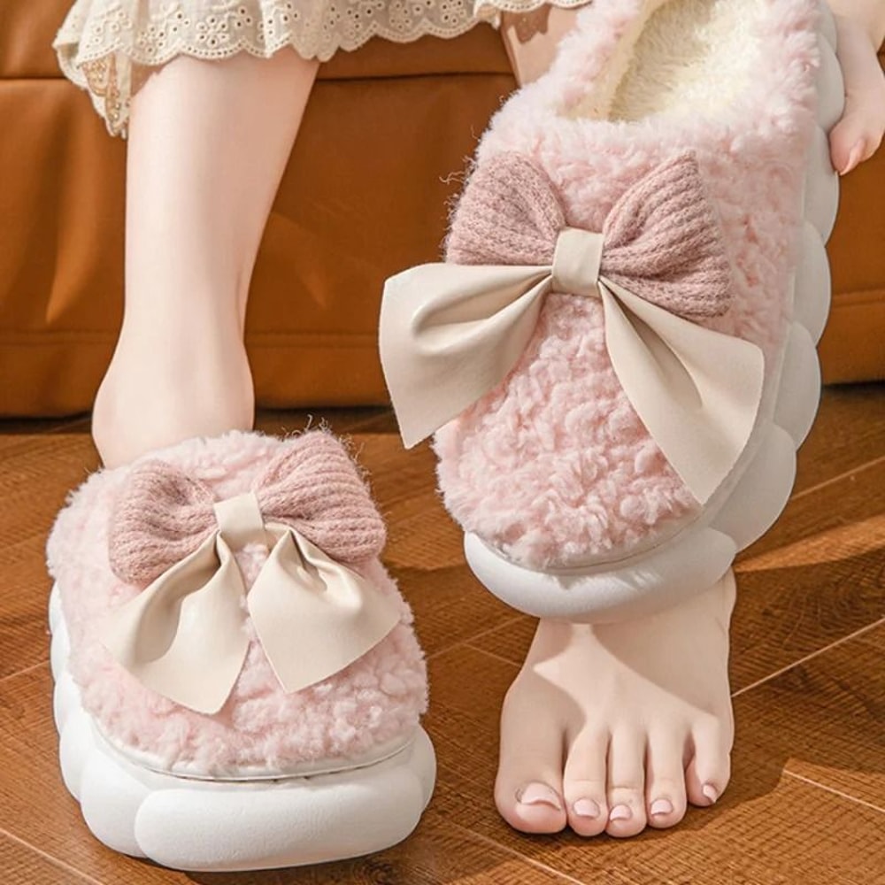Winter Warm Fur Slippers For Women Soft Plush Bow Indoor House Shoes 0