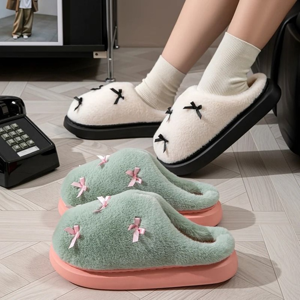 Winter Bow Plush Slippers For Women Soft EVA Non Slip House Slides 10