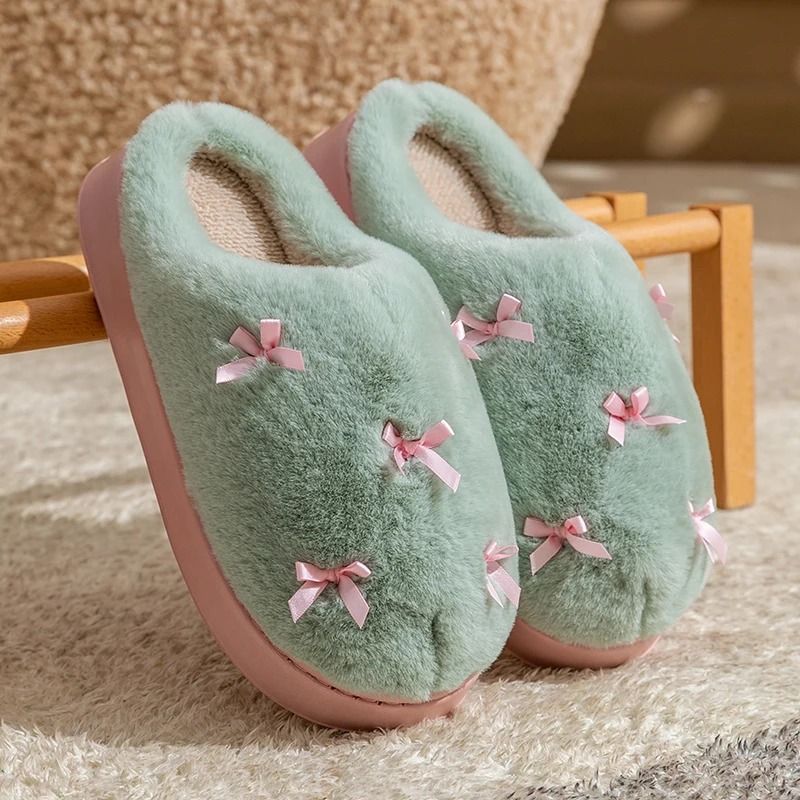 Winter Bow Plush Slippers For Women Soft EVA Non Slip House Slides 1