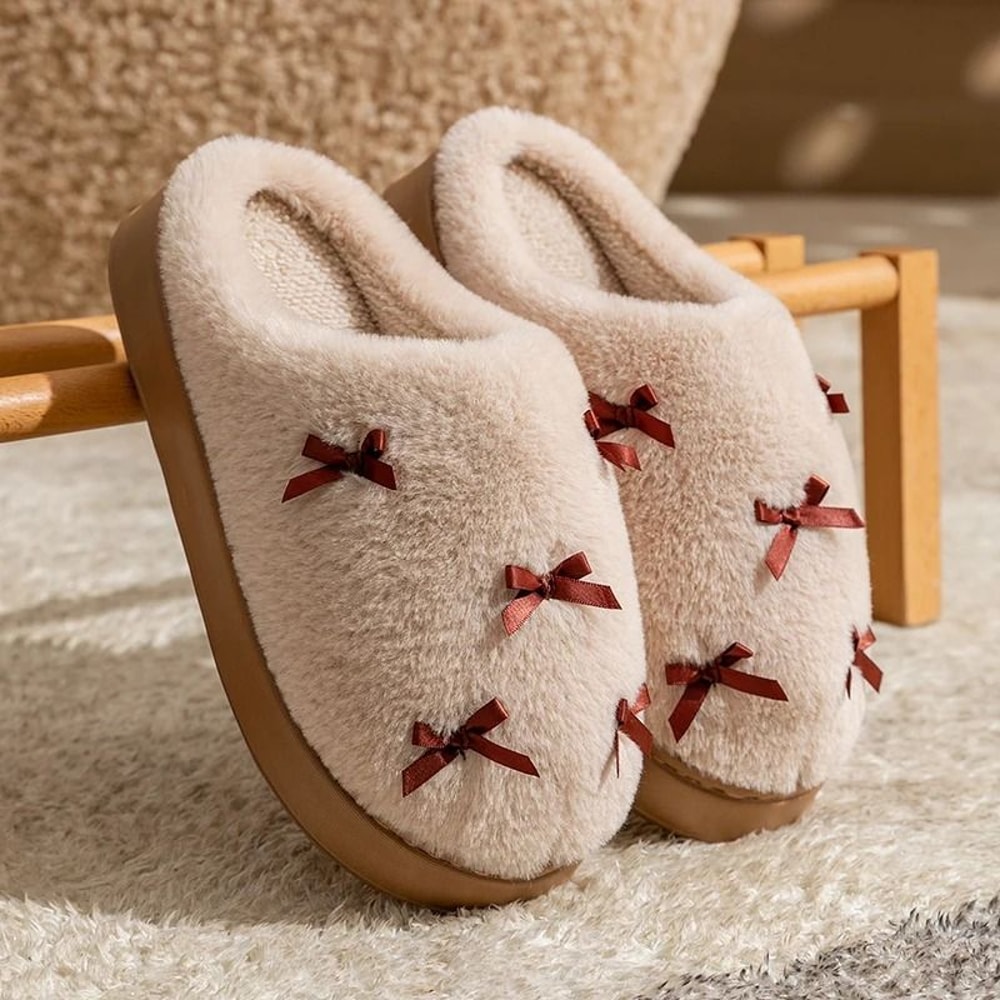 Winter Bow Plush Slippers For Women Soft EVA Non Slip House Slides 3