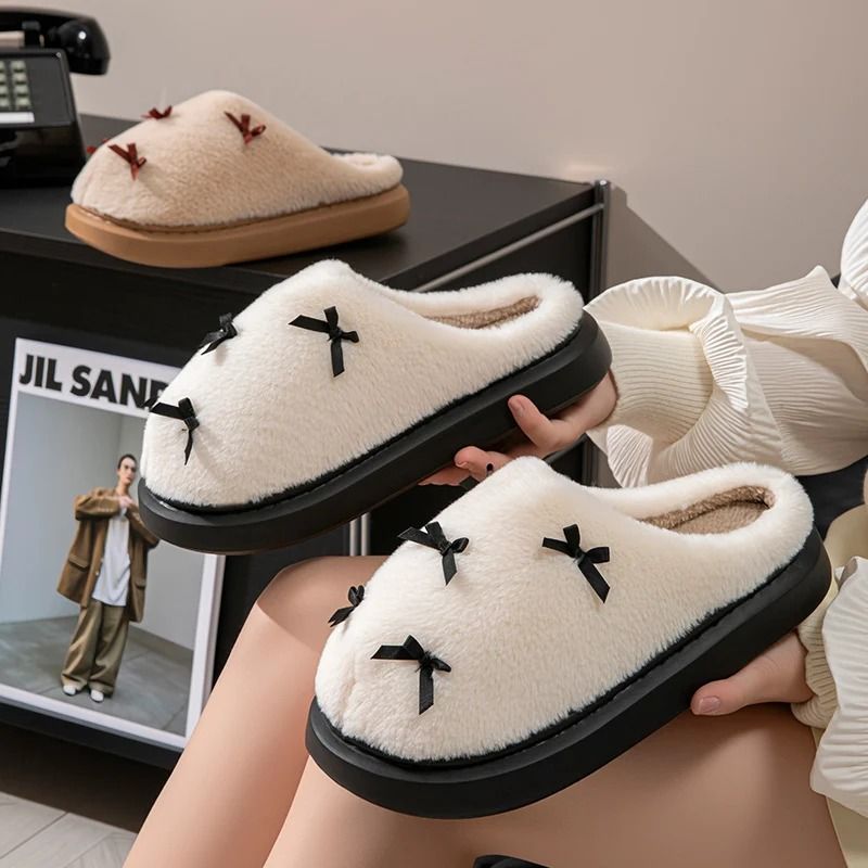 Winter Bow Plush Slippers For Women Soft EVA Non Slip House Slides 6