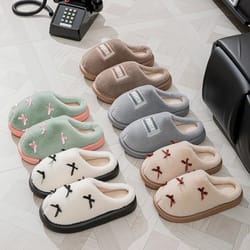 winter bow plush slippers for women soft eva non slip house slides
