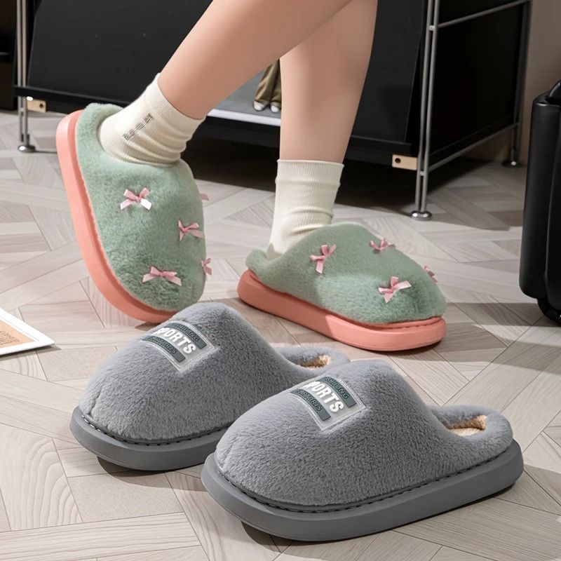 Winter Bow Plush Slippers For Women Soft EVA Non Slip House Slides 8
