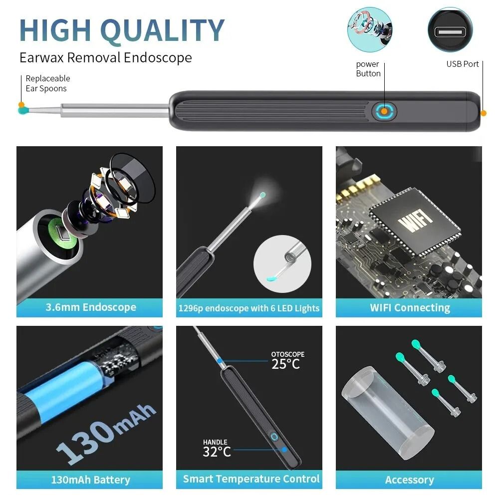 TINSOL Wireless WiFi Ear Wax Removal Otoscope Camera With LED Light 5