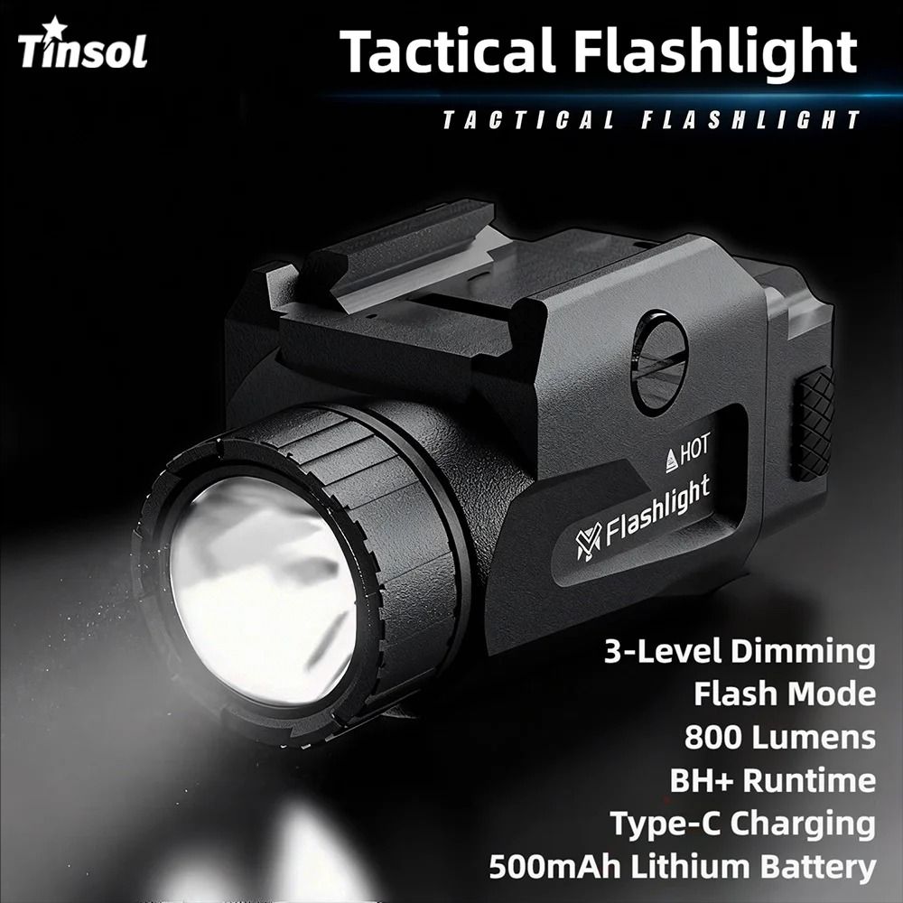 TINSOL 800LM USB Rechargeable Tactical Flashlight Picatinny Rail Mount 6
