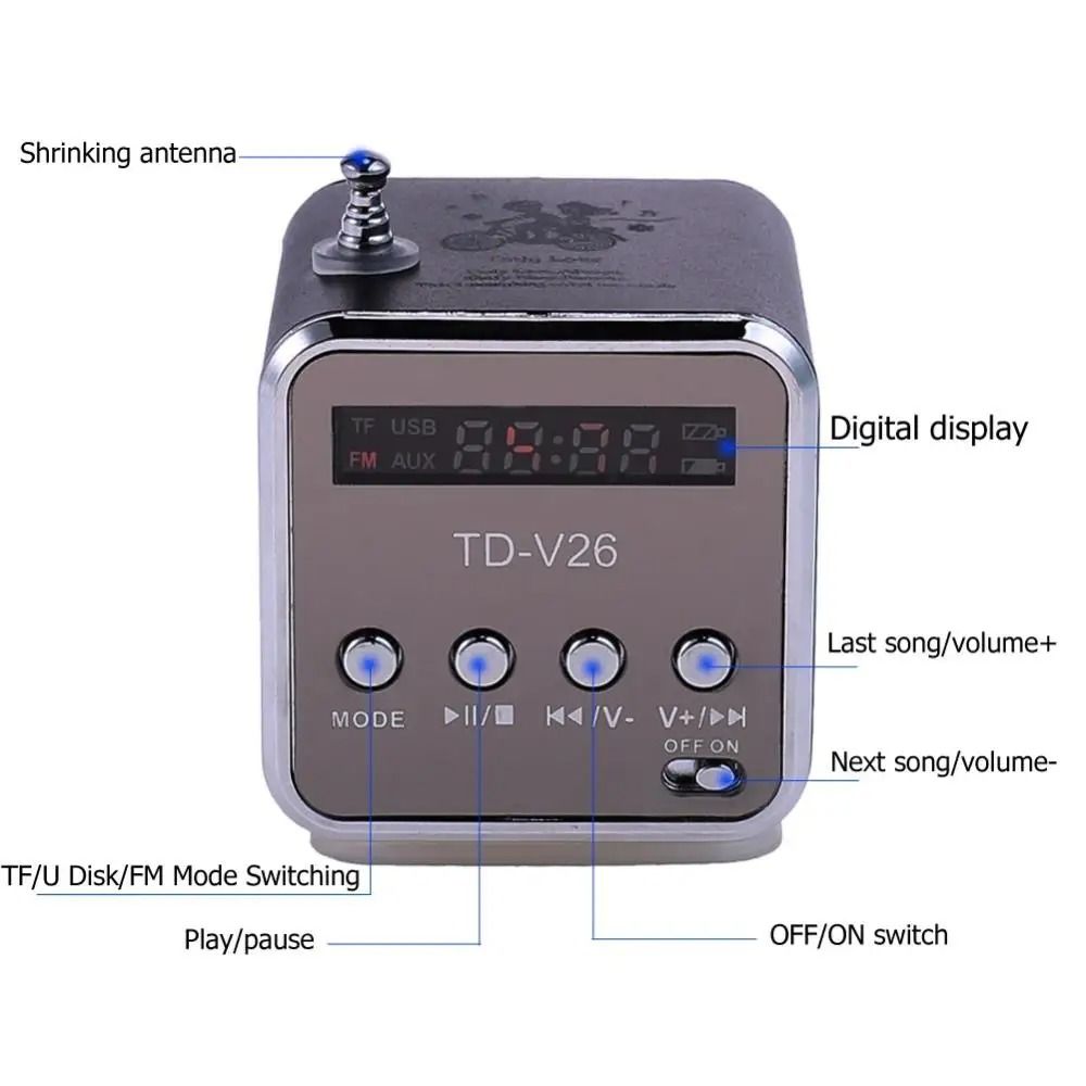TDV26 Mini FM Radio Speaker MP3 Music Player Speaker With SD TF Card Support 4