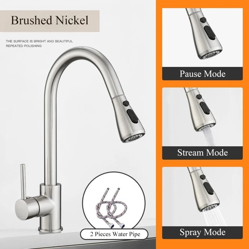 Pull Out Kitchen Faucet Silver Single Handle Swivel Sprayer Sink Water Mixer Tap 2