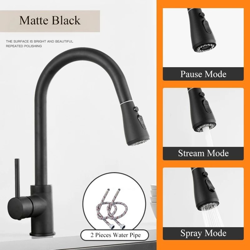 Pull Out Kitchen Faucet Silver Single Handle Swivel Sprayer Sink Water Mixer Tap 4