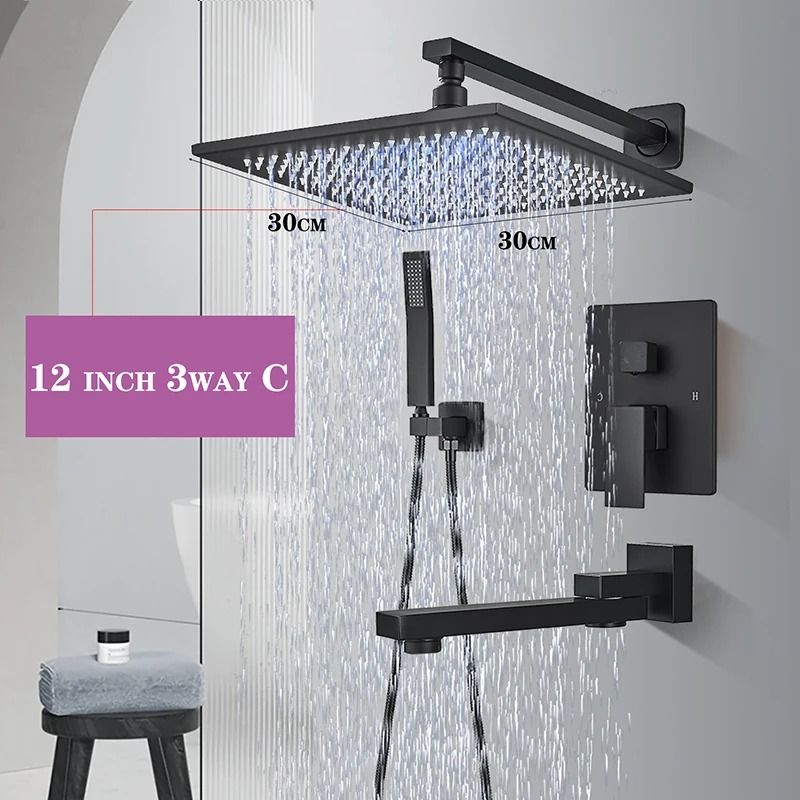 Matte Black Rainfall Shower Set Wall Mounted Bathroom Shower Faucet With LED Shower Head Mixer Tap 0
