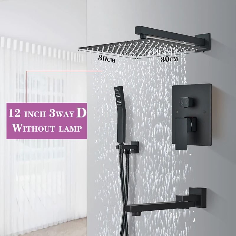 Matte Black Rainfall Shower Set Wall Mounted Bathroom Shower Faucet With LED Shower Head Mixer Tap 9
