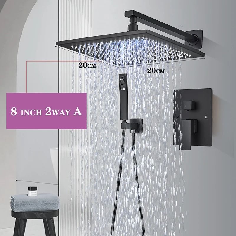 Matte Black Rainfall Shower Set Wall Mounted Bathroom Shower Faucet With LED Shower Head Mixer Tap 1