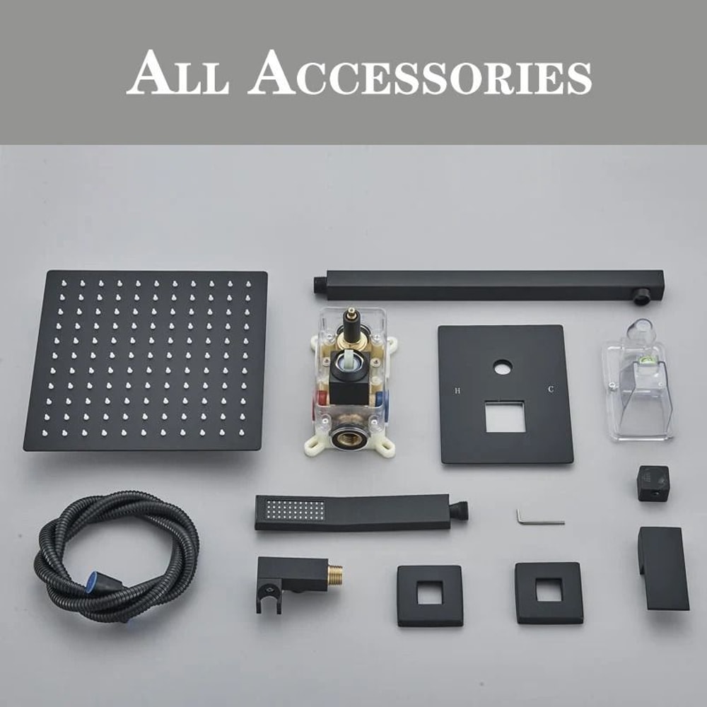 Matte Black Rainfall Shower Set Wall Mounted Bathroom Shower Faucet With LED Shower Head Mixer Tap 1