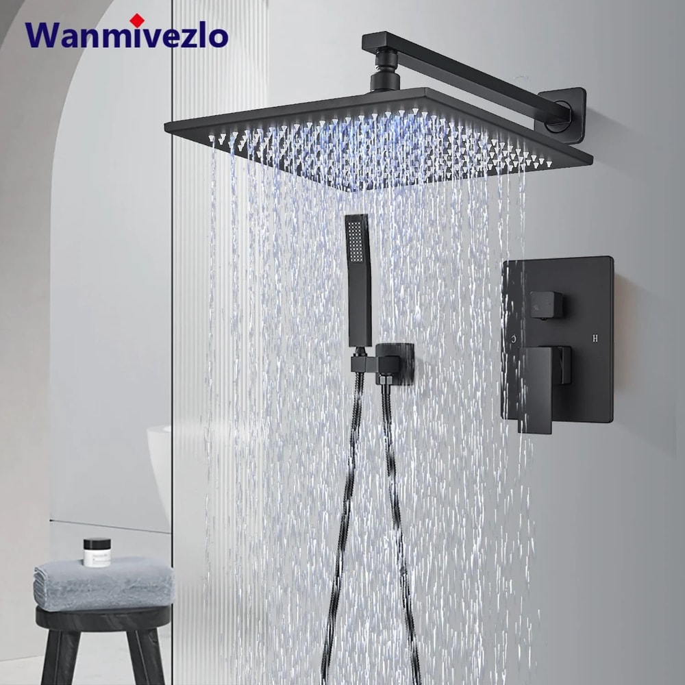 Matte Black Rainfall Shower Set Wall Mounted Bathroom Shower Faucet With LED Shower Head Mixer Tap 1