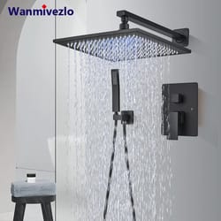 matte black rainfall shower set wall mounted bathroom shower faucet with led shower head mixer tap